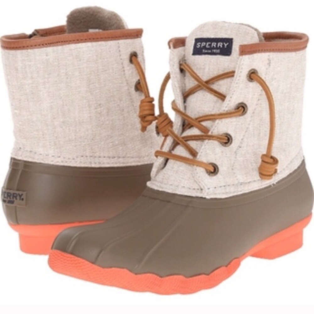 Olive/coral saltwater sperry boots